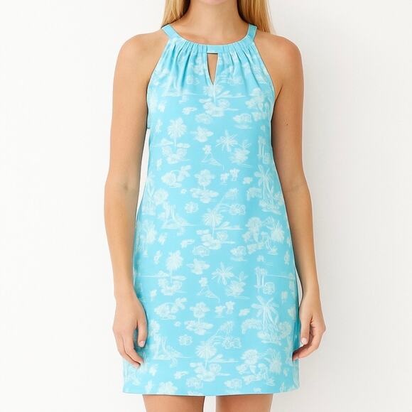 Jude Connally Size Large Summer Toile Light Blue Lisa Dress Palm Tree Beach Vibe - Picture 1 of 9